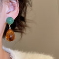 Chinese Style Resin Waterdrop Asymmetric Pendant Drop Earrings With Silver Pin Stud Design view 3