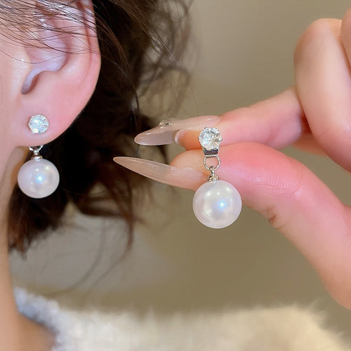 Vintage Zircon Faux Pearl Drop Earrings, Geometric Round Elegant OL Style Silver Needle