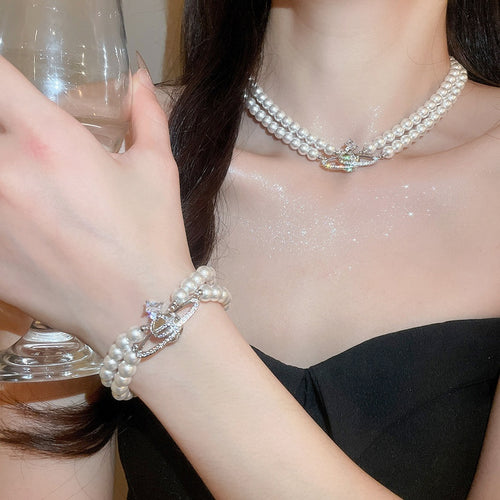 Light Luxury Faux Pearl Saturn Double Layer Beaded Bracelet Necklace Jewelry Set