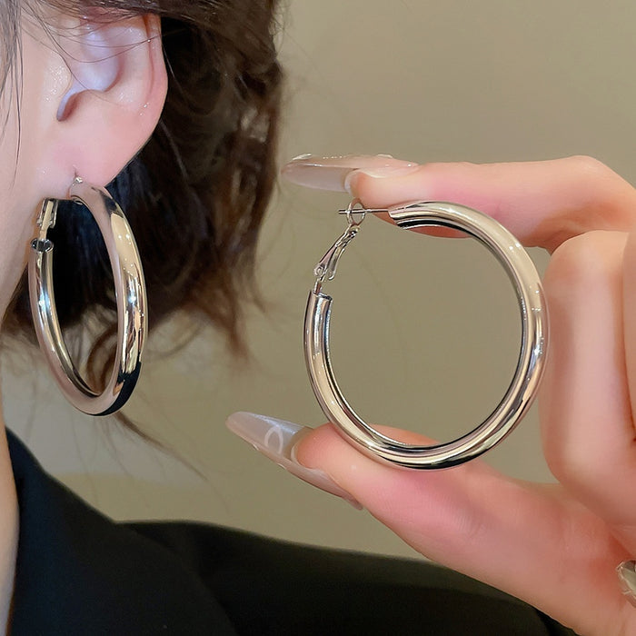 Smooth Round Metal Hoop Earrings With Silver Pins, Korean Minimalist Geometric Casual Commuter Style