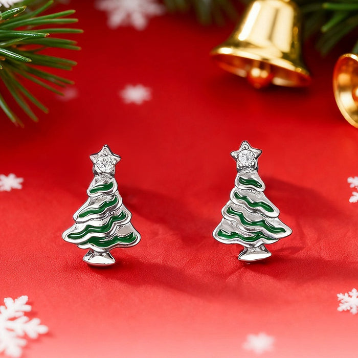 Petite Korean Style Oil Painted Christmas Tree Stud Earrings For Women Holiday Jewelry
