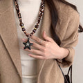 Maillard Style Fabric Leopard Print Heart And Star Pendant Sweater Necklace For Women view 2