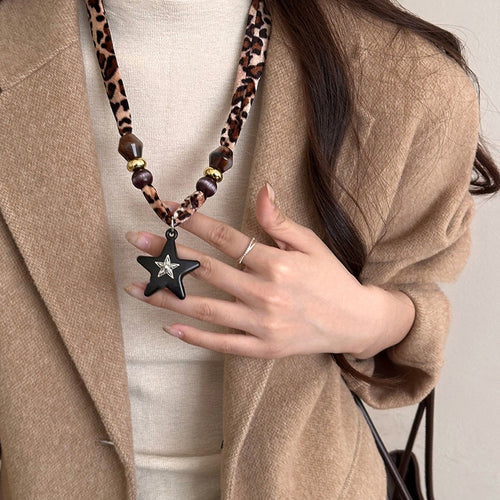 Maillard Style Fabric Leopard Print Heart And Star Pendant Sweater Necklace For Women