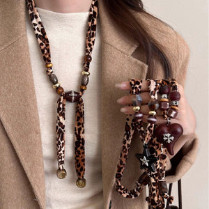 Maillard Style Fabric Leopard Print Heart And Star Pendant Sweater Necklace For Women