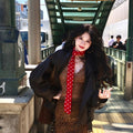 Hong Kong Style Vintage Polka Dot Fabric Scarf Tie Long Sweater Necklace With Geometric Round Accent view 3