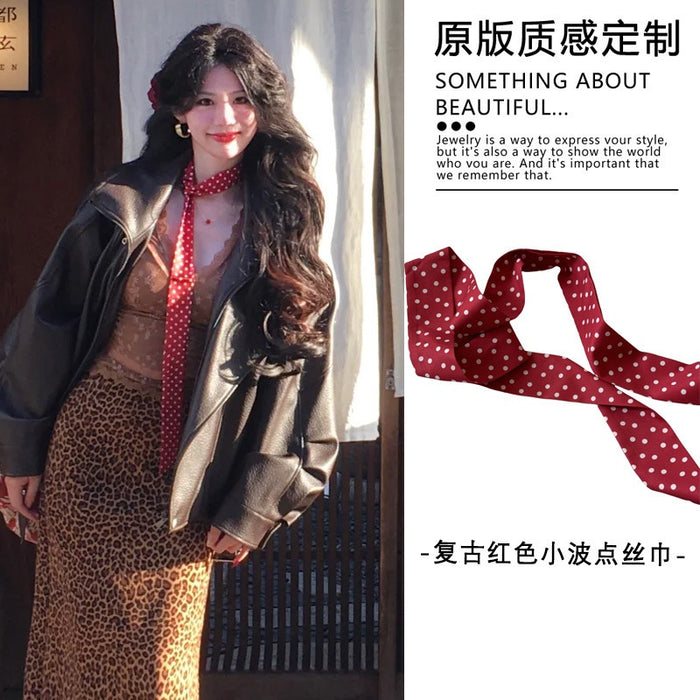 Hong Kong Style Vintage Polka Dot Fabric Scarf Tie Long Sweater Necklace With Geometric Round Accent