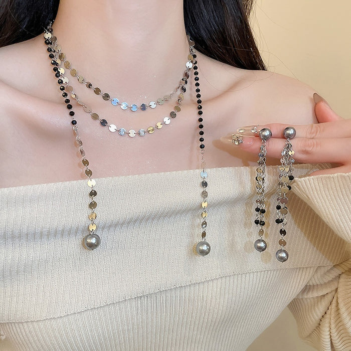 Faux Pearl Crystal Beaded Sequin Necklace And Stud Earrings Jewelry Set For Women