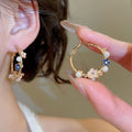 Chic Floral Faux Pearl Hoop Earrings With Silver Pin Elegant Retro Enamel Flower Design view 2