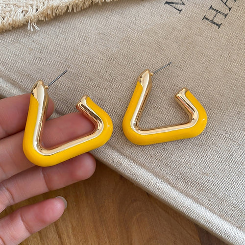 Yellow Enamel Metal Triangle Stud Earrings With Steel Pins, Modern Geometric Light Luxury Style