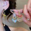 Alloy Silver Pin Fan Tassel Drop Earrings With Enamel Oil Drip Geometric New Chinese Style view 2