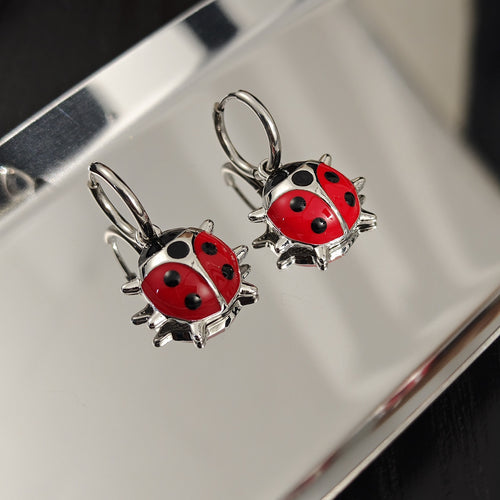 Vintage Cute Red Enamel Ladybug Insect Alloy Hoop Huggie Drop Earrings For Women Fashion Charm Earrings