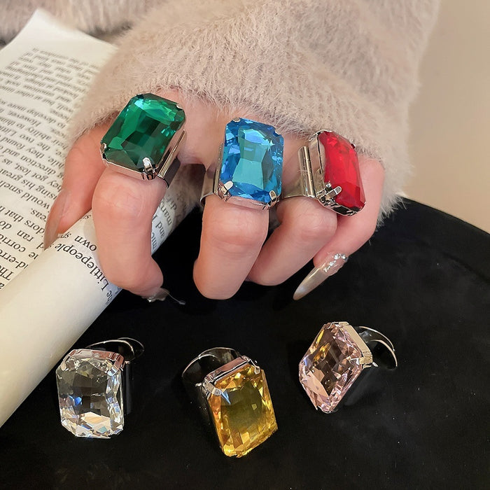 Light Luxury Copper Geometric Square Open Ring With Rhinestone Inlay, Minimalist Statement Jewelry