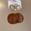 Vintage Brown Round Resin Pendant Drop Earrings With Silver Pin Minimalist Geometric Style view 1