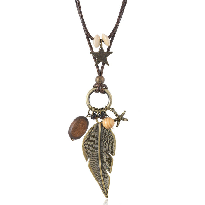 Korean Style Vintage Double Leaf Pendant Long Necklace Fashion Literary Sweater Chain
