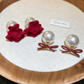 Pearl Flocked Flower Bow Stud Earrings Silver Needle Vintage OL Style Daily Wear Jewelry view 3