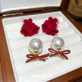 Pearl Flocked Flower Bow Stud Earrings Silver Needle Vintage OL Style Daily Wear Jewelry view 1