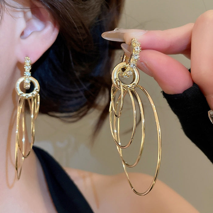 Rhinestone Round Multilayer Alloy Ear Cuff Earrings Vintage Geometric Statement Design