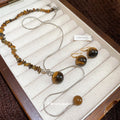 Stainless Steel Tiger Eye Beaded Pendant Necklace Earrings Jewelry Set, Maillard Light Luxury Style view 4