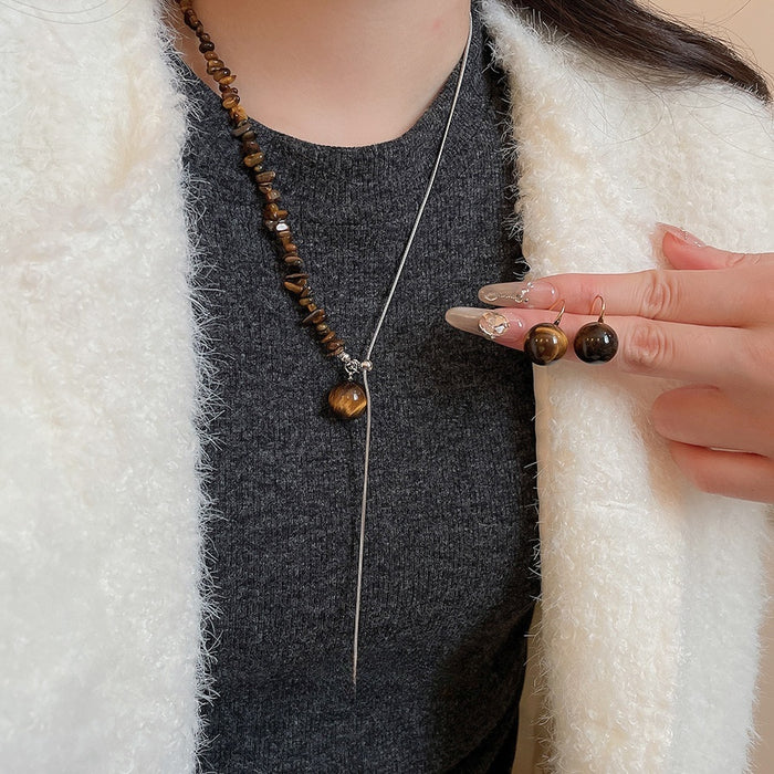 Stainless Steel Tiger Eye Beaded Pendant Necklace Earrings Jewelry Set, Maillard Light Luxury Style