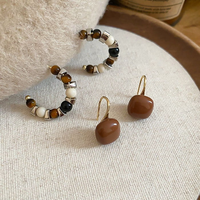 Tiger Eye Stone Geometric Square C-Shaped Stud Earrings For Women Modern Minimalist Daily Jewelry