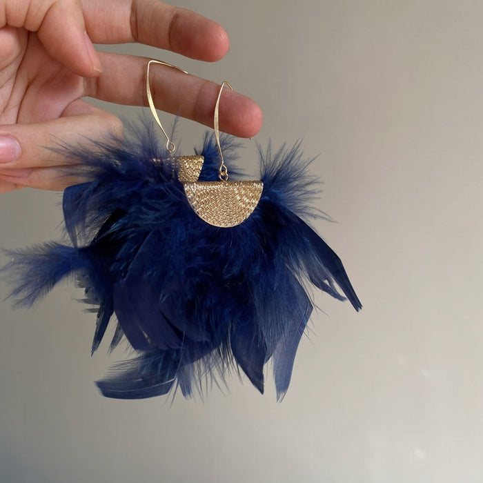 Ethnic Style Feather Tassel Drop Earrings, Geometric Retro Light Luxury Ear Hook Jewelry
