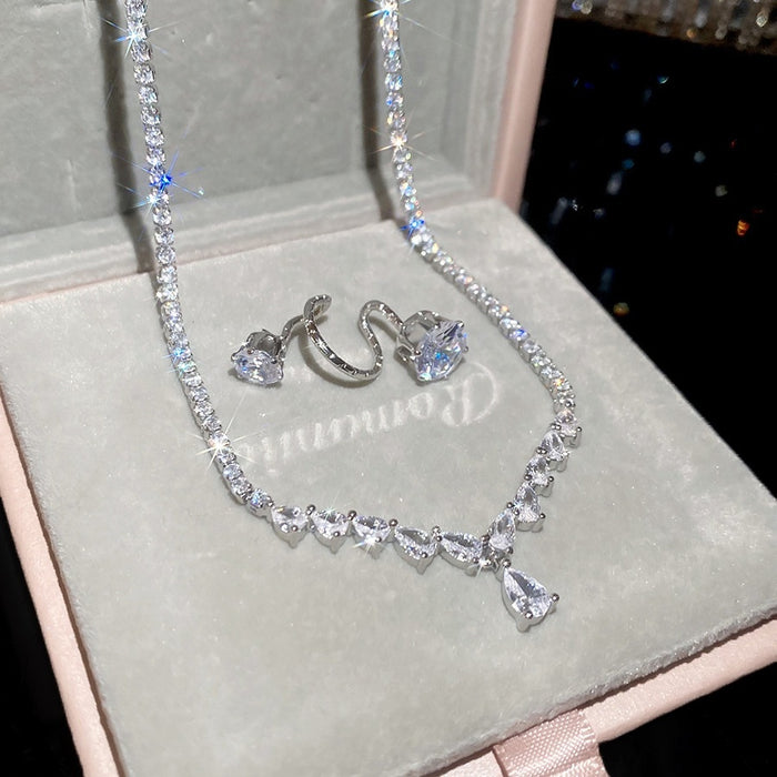 Korean Light Luxury Copper Zircon Teardrop Pendant Necklace And Ear Clip Jewelry Set