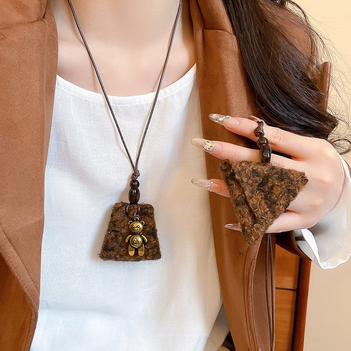 Maillard Style Leopard Print Plush Bear Triangle Geometric Sweater Necklace For Women