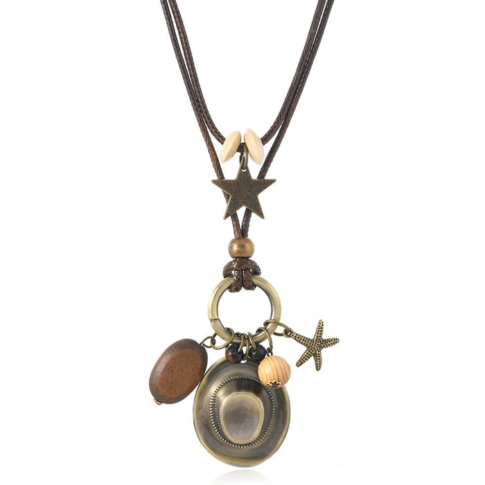 Western Cowboy Style Long Womens Necklace With Vintage Cowboy Hat Pendant, Fashion Sweater Chain