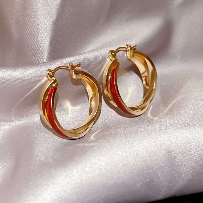 Vintage Red Enamel Cross Copper Hoop Earrings Minimalist Geometric Daily Commuter Jewelry