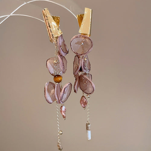 Light Luxury Chiffon Floral Tassel Drop Earrings With Silver Posts For Sweet Feminine Style