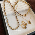 18K Gold Plated Zircon Tiger Eye Necklace Earrings Jewelry Set, Vintage Maillard Style view 4