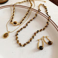 18K Gold Plated Zircon Tiger Eye Necklace Earrings Jewelry Set, Vintage Maillard Style view 2