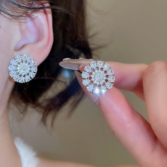 Copper Zircon Round Hollow Stud Earrings Korean Minimalist Light Luxury Geometric Design