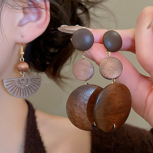 Ethnic Style Wooden Bead Fan Hollow Geometric Drop Earrings For Women