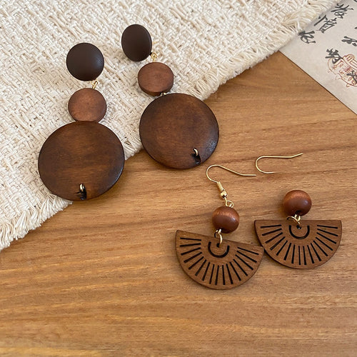 Ethnic Style Wooden Bead Fan Hollow Geometric Drop Earrings For Women