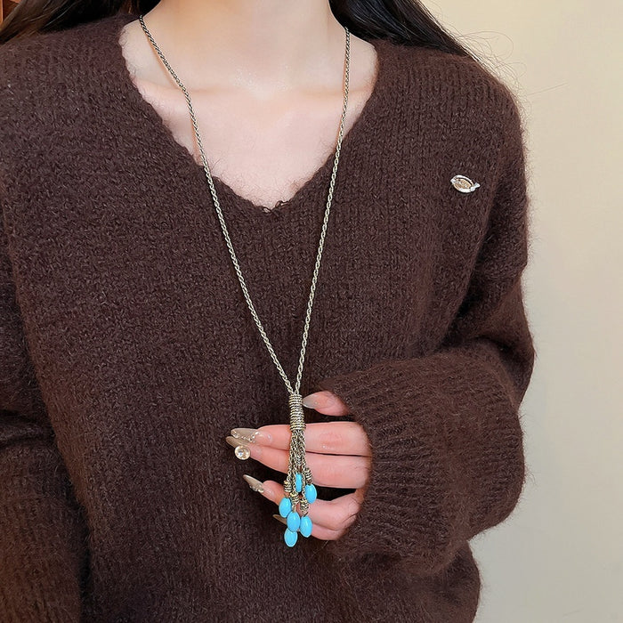 Ethnic Vintage Alloy Oval Stone Tassel Sweater Necklace Bohemian Geometric Statement Pendant