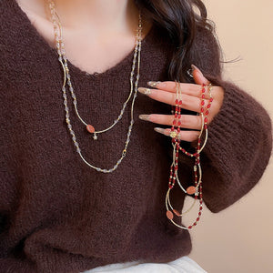 Chinese Style Artificial Crystal Beaded Floral Long Sweater Necklace For Women