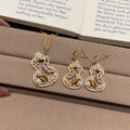 Stainless Steel Tiger Eye Gourd Faux Pearl Necklace Earrings Jewelry Set For Women view 3