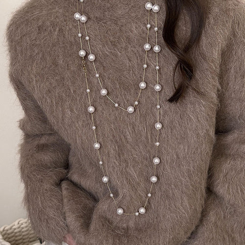 Light Luxury Faux Pearl And Glass Beaded Sweater Necklace French Vintage Round Geometric Design