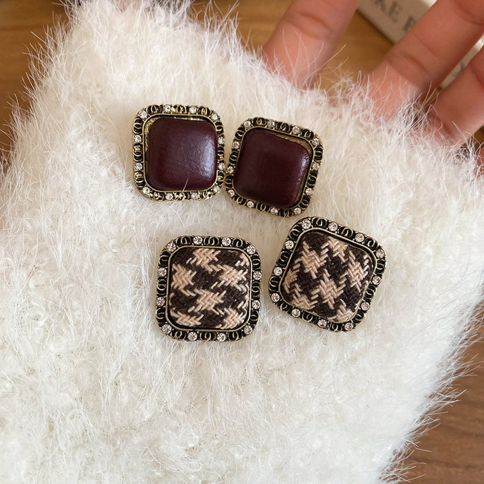 Alloy Silver Pin Rhinestone Square Stud Earrings Vintage Maillard Geometric Women's Jewelry