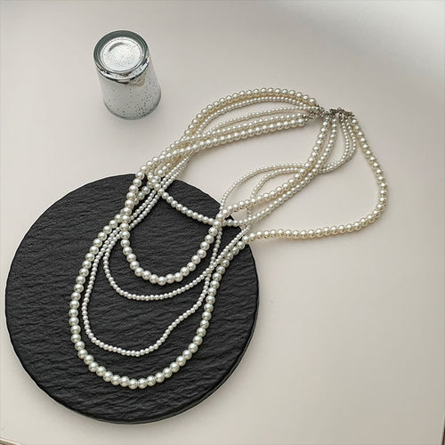 Elegant Multilayer Faux Pearl Beaded Sweater Necklace, Light Luxury Geometric Round Choker For Women