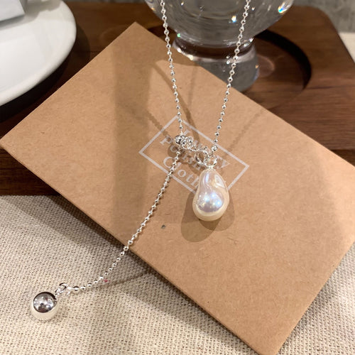 Silver Tone Baroque Faux Pearl Pendant Necklace For Women, Old Money Oval Geometric Choker
