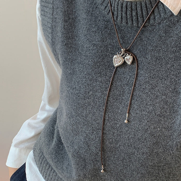 Korean Style Alloy Rhinestone Textured Heart Pendant Sweater Necklace For Everyday Wear