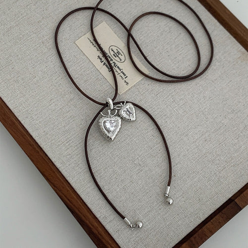 Korean Style Alloy Rhinestone Textured Heart Pendant Sweater Necklace For Everyday Wear