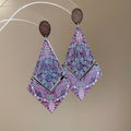 Ethnic Style Printed Wood Diamond Pendant Drop Earrings With Silver Pins Retro Statement Design view 3