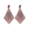 Ethnic Style Printed Wood Diamond Pendant Drop Earrings With Silver Pins Retro Statement Design view 5