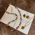 18K Gold Plated Copper Round Tiger Eye Necklace And Stud Earrings Jewelry Set, Vintage Maillard Style For Women view 1