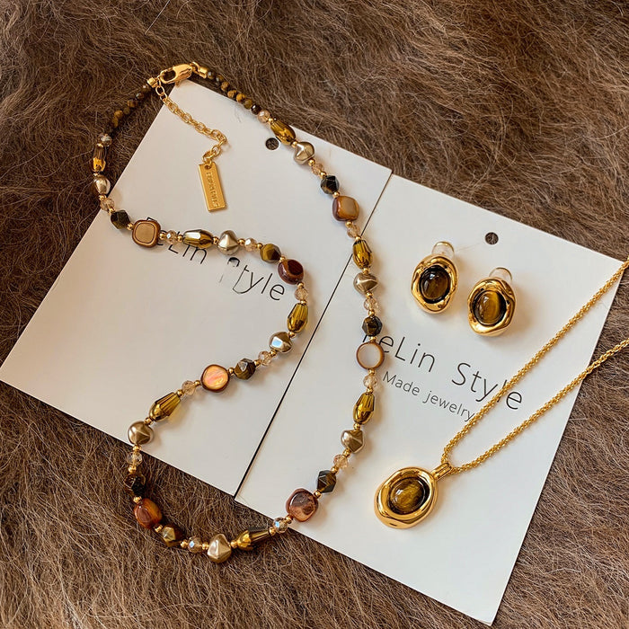 18K Gold Plated Copper Round Tiger Eye Necklace And Stud Earrings Jewelry Set, Vintage Maillard Style For Women