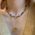 18K Gold Plated Copper Round Tiger Eye Necklace And Stud Earrings Jewelry Set, Vintage Maillard Style For Women view 2