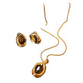 18K Gold Plated Copper Round Tiger Eye Necklace And Stud Earrings Jewelry Set, Vintage Maillard Style For Women view 5